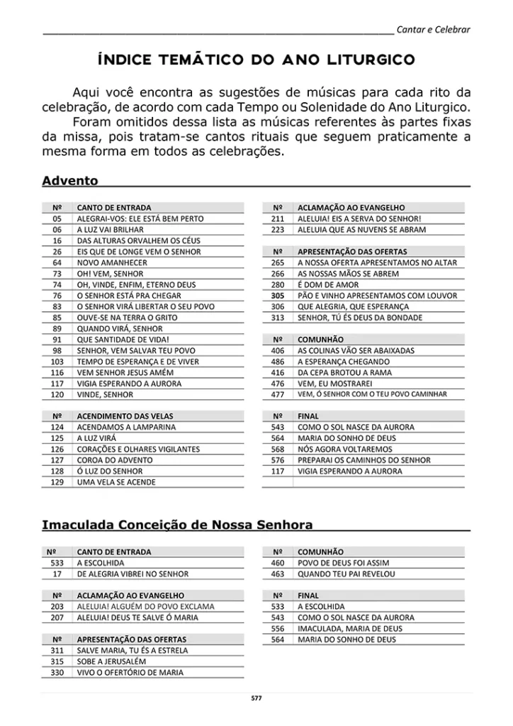 Índice Temático com sugestões de musicas para missa